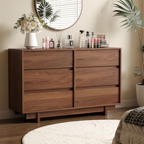6 Drawer Walnut Dresser for Bedroom, 47" Wide Mid Century Modern Dresser - Image 6