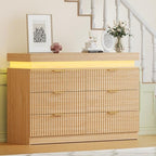Fluted 6 Drawer Dresser LED Lights & Charging Station, Natural Oak - Image 3