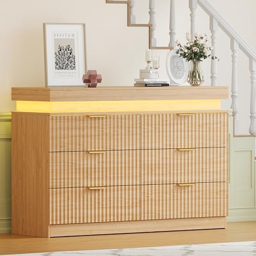 Fluted 6 Drawer Dresser LED Lights & Charging Station, Natural Oak - Image 3