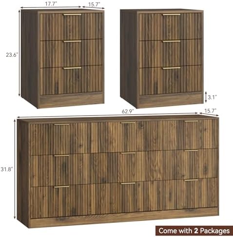 9 Drawer Dresser & 3-Drawer Nightstand Set 3-Piece, Walnut丨63 Long Dresser Set Night Stand Set of 2 with Metal Handle, Modern Wood Chest of Drawers Storage Dressers Set for Bedroom - Image 3