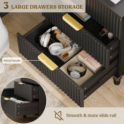 Lulive Wood 3 Drawers Dresser w/Charging Station, Modern Fluted Night Stand - Image 5