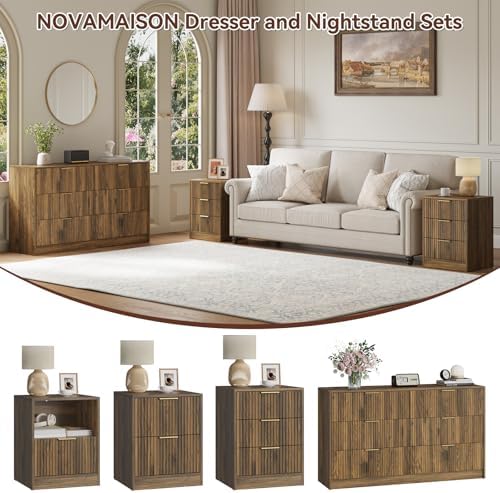 6 Drawer Dresser & 3-Drawer Nightstand Set 3-Piece, Walnut丨Long Dresser and Night Stand Set of 2 with Metal Handle, Fluted Modern Wood Chest of Drawers Storage Dressers Set for Bedroom - Image 4