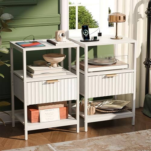VINGLI Nightstands Set of 2 with Fabric Drawer, White Nightstands with Charging Station, Fluted Night Stand/Bedside Table, Small Night Stand for Bedroom, Bed Side Table with Charging Station, 2 pcs by VINGLI