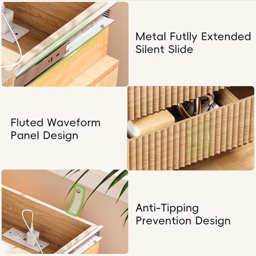 Fluted LED Night Stand with Charging Station, Natural Oak - Image 6