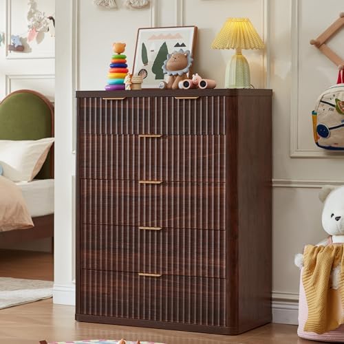 LEYAOYAO Fluted 6 Drawers Dresser for Bedroom, 42" Tall Modern Chest of Drawers with Metal Handle, Curved Profile Design,Walnut Wood Drawer Organizer for Bedroom, Living Room, Hallway, Entryway - Image 6