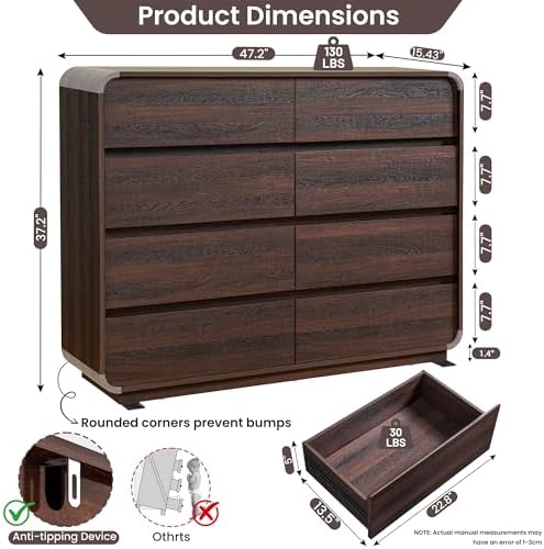Standifurno Modern 8 Drawer Dresser, 47- Inch Wood Chest of Drawers with Large Storage, Walnut Dresser Closet for Bedroom, Living Room, Nursery. - Image 2