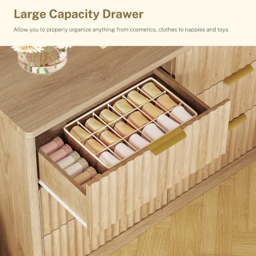 TEENFON 63" Dresser for Bedroom with 9 Drawers, Modern Dressers & Chest of Drawers with Metal Handles, Fluted Dresser, Wood Closet Clothes Storage Organizer for Living Room, Hallway, Natural - Image 6