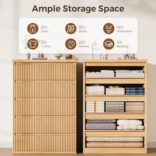 Fluted 5 Drawer Dresser for Bedroom, 43" Tall Dresser for Bedroom, Modern Fluted Chest of Drawers, Handle-Free/Floor-Mounted Wood Drawer Dresser for Living Room, Bedroom, Entryway, Hallway (Oak) - Image 3