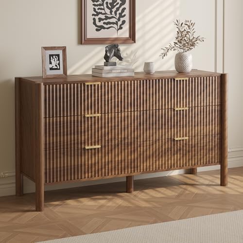 CHUWELL 6 Drawer Dresser 55" Fluted Walnut for Bedroom with Solid Wood Legs - Image 6