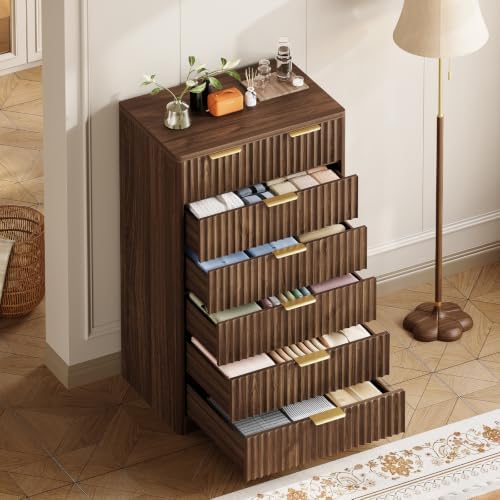 TEENOFN Fluted Dresser for Bedroom with 7 Drawers, 48" Tall Modern Chest of Drawers with Metal Handle, Wooden Dresser TV Stand, Wood Closet Clothes Storage Organizer for Living Room, Hallway, Walnut - Image 3