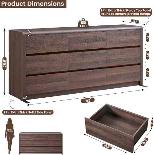 63” Wide Dresser for Bedroom, 9 Drawer Dresser, Walnut Dresser, Rounded Corner Safe & Handleless Design, Large Wooden Dresser for Hallway, Modern Farmhouse Style - Image 2