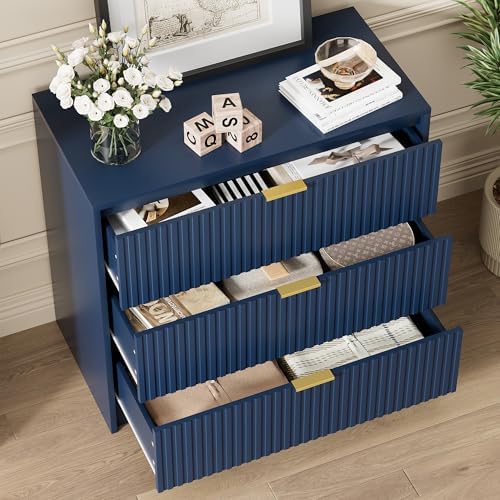 Furniway Navy Blue Dresser for Bedroom, Modern Dresser with 3 Drawers and Smooth Slides, Wide Chest of Drawers with Golden Handles for Bedroom, Living Room, Closet, 15.7" D x 31.5" W x 29.6" H - Image 4