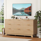 DUMOS Fluted 9 Drawer Dresser for Bedroom, 57.1" Wide Modern Chest of Drawers with Gold Metal Handles, Wooden Dresser TV Stand, Storage Organizer Unit for Living Room, Hallway, Natural Oak - Image 3