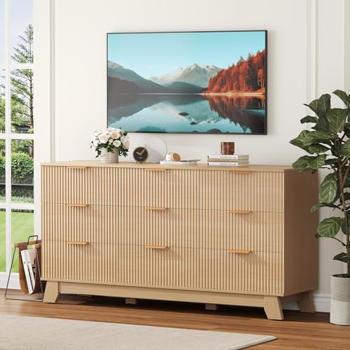 DUMOS Fluted 9 Drawer Dresser for Bedroom, 57.1" Wide Modern Chest of Drawers with Gold Metal Handles, Wooden Dresser TV Stand, Storage Organizer Unit for Living Room, Hallway, Natural Oak - Image 3
