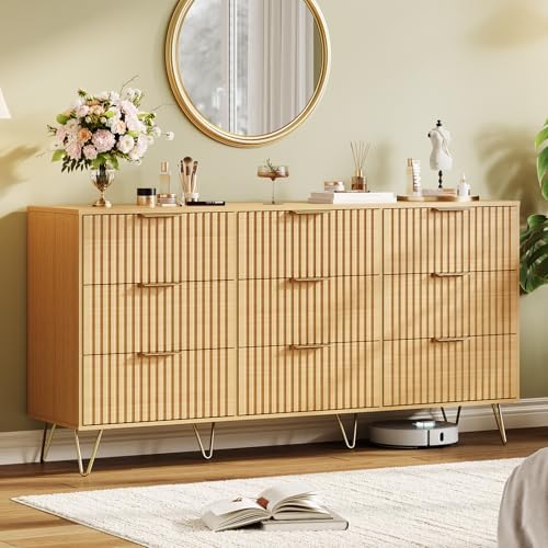 Garvee 63" Wide Fluted Dresser for Bedroom with 9 Drawers, Modern Wooden Chest of Drawers with Metal Handles, Large Clothes Storage Organizer & TV Stand for Living Room, Closet, Hallway, Oak Finish by Garvee