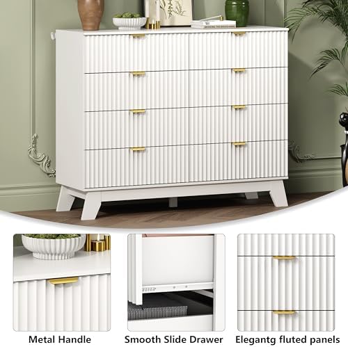 Wodeer 8 Drawer Fluted Dresser for Bedroom, Mid Century Modern Dresser with 8 Drawers, Dressers & Chests of Drawers with Metal Handle, TV Stand & Storage Organizer for Entryway, Hallway, White - Image 5