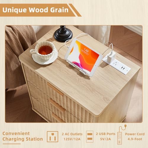 LEYAOYAO Fluted Nightstand Set of 2 with Charging Station,23" Modern Nightstand with Woodgrain Top, 3 Drawer End Table w/Storage, BedsideTables for Bedroom, Living Room, Curved Profile,Wood - Image 5