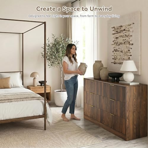 Walnut 6 Drawer Dresser for Bedroom, 55" Wide Fluted Chest of Drawers - Image 4