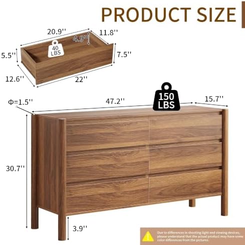 CHUWELL 47.2" Wide Walnut 6 Drawer Dresser for Bedroom with Solid Wood Legs - Image 2