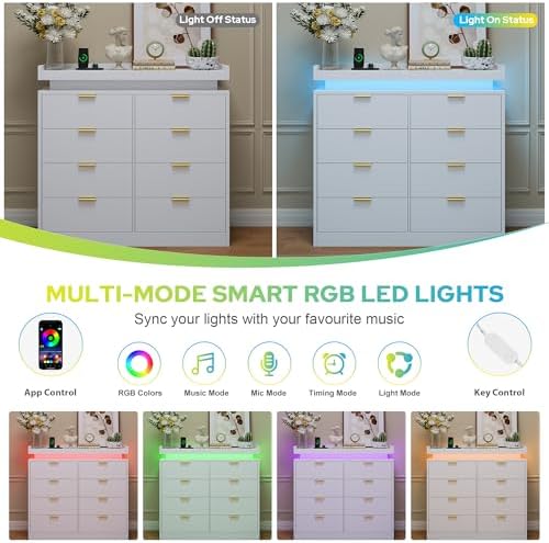 knoworld 8 Drawer Dresser for Bedroom, White Dresser with LED Lights and Power Outlet, Large Wooden Dressers Modern Chest of Drawers, Double Wide 8 Drawer Dressers for Bedroom, Entryway, Hallway - Image 5