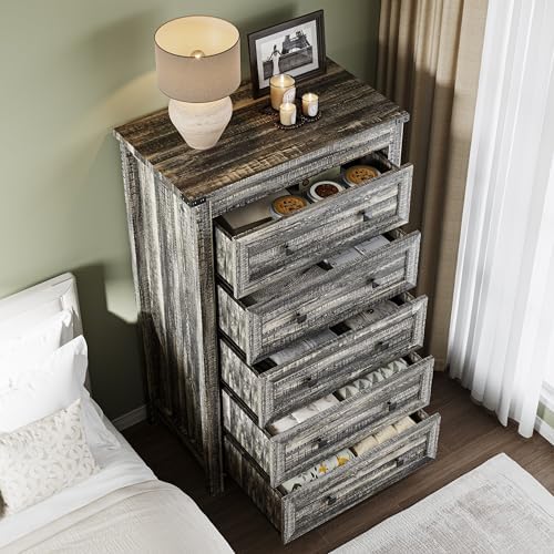 BORNOON Tall 5-Drawer Dresser, Modern Wooden Storage Chest of Drawers, Dresser TV Stand, Wood Drawer Organizer with Metal Handles for Bedroom, Living Room, Hallway - Image 4