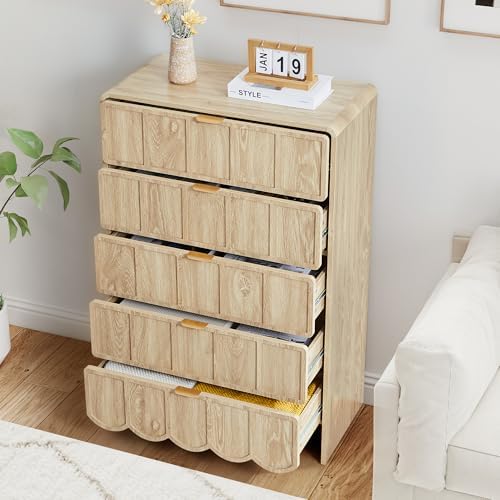 ORRD 5 Drawer Dresser for Bedroom, Modern Closet Chest of Drawers with Wave Fluted Drawer, Wood Storage Small Dresser Organizer for Nursery Bedroom Living Room Hallway Closet (Natural) - Image 5