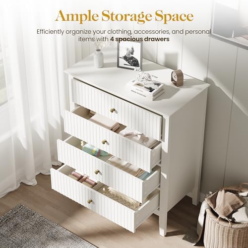 RoyalCraft White Fluted 4 Drawer Dresser for Bedroom, Modern Chest of Drawers, Wood Dresser for Storage Clothes, Wooden Storage Cabinet Nightstand for Bedroom, Hallway, Living Room, Entryway - Image 5