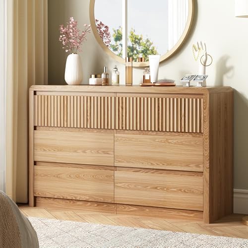 LYNSOM Oak Fluted 6 Drawer Dresser for Bedroom, Curved Edge, 50" Wide by LYNSOM