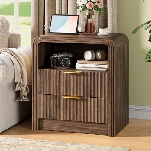 Decofy Fluted Nightstand Set of 2 with Charging Station, 2 Drawers, Walnut - Image 2