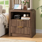 Decofy Fluted Nightstand Set of 2 with Charging Station, 2 Drawers, Walnut - Image 2