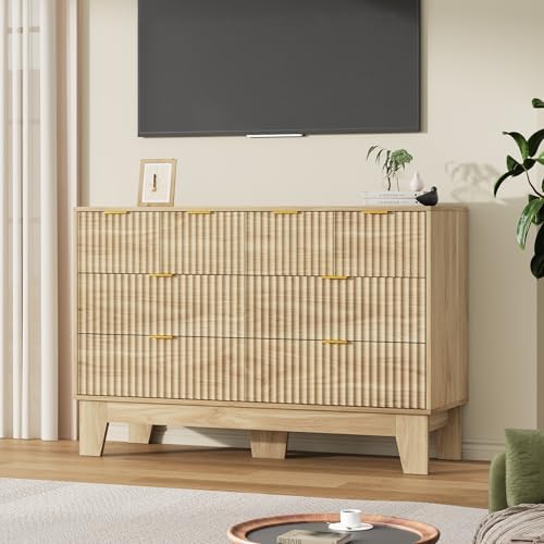 GarveeHome 47" Wide Fluted 8 Drawers Dresser, Oak - Image 6