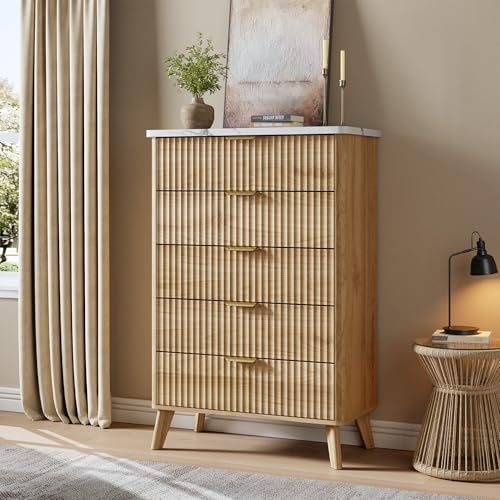 GarveeHome Fluted Dresser for Bedroom with 5 Deep Drawers, Natural Oak by GarveeHome