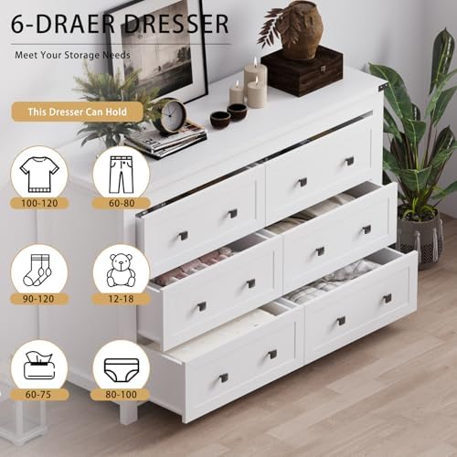 Wodeer 6 Drawer Dresser for Bedroom, White Modern Dressers & Chests of Drawers with Metal Handles, Closet Storage Dresser, Storage Cabinet and Organizer with Drawers - Image 4