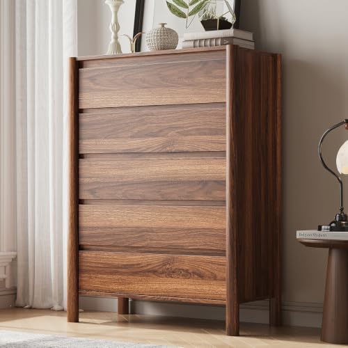 CHUWELL 45" Tall Walnut 5 Drawer Dresser for Bedroom with Solid Wood Legs by CHUWELLStorageCabinet