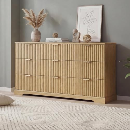 Wooden 9 Drawer Dresser for Bedroom, Fluted Dresser with Storage and Metal Handle, Modern Chest of Drawers for Living Room, Entryway, Natural Oak by HOME
