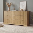 Wooden 9 Drawer Dresser for Bedroom, Fluted Dresser with Storage and Metal Handle, Modern Chest of Drawers for Living Room, Entryway, Natural Oak by HOME