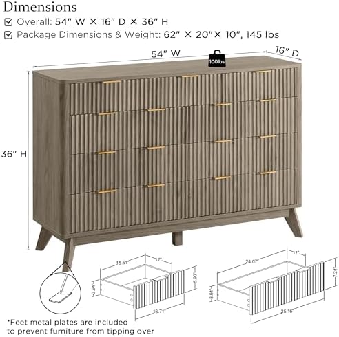 T4TREAM 54" Wide Fluted 9 Drawer Dresser for Bedroom, Grey Alder - Image 2