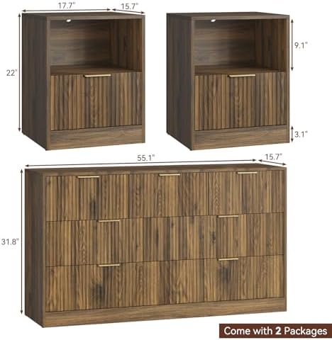 Fluted Dresser & Nightstand Set 3-Piece, 7 Drawer Dressers and Night Stand Set of 2 with Metal Handle, Fluted Mid Century Wood Chest of Drawers Storage Dressers Set for Bedroom, Walnut - Image 3