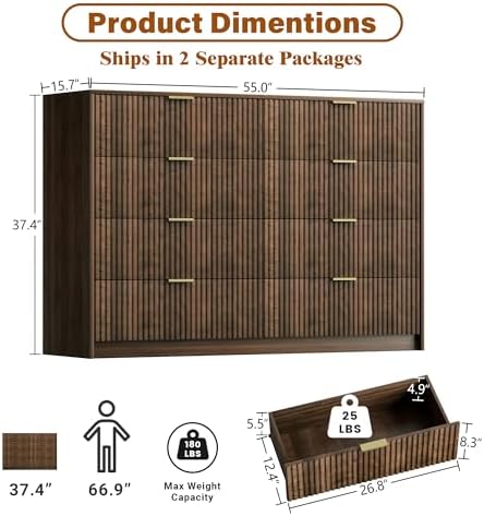 Furniway Walnut Dresser for Bedroom, Modern Dresser with 8 Drawers and Smooth Slides, Wide Chest of Drawers with Golden Handles for Bedroom, Closet, 15.7" D x 55" W x 37.4" H - Image 2