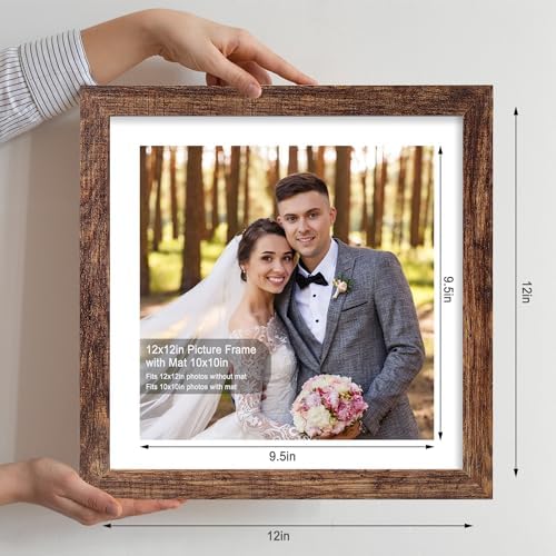 Hongkee 12x12 Picture Frame Set of 4 - Made of Glass and Rustic Brown Wooden Frame, Display Square Pictures 10x10 with Mat or 12 x 12 without Mat, Desktop & Wall Collage Photo Frame - Image 2