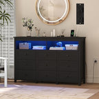 Wodeer 9 Drawer Dresser for Bedroom with LED Lights, Charging Station, Wood Chest of Drawers with Metal Handles, Modern TV Stand & Storage Organizer for Living Room, Hallway, Black by WODEER