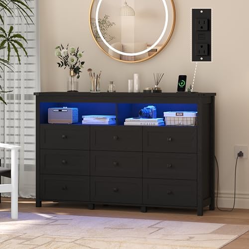 Wodeer 9 Drawer Dresser for Bedroom with LED Lights, Charging Station, Wood Chest of Drawers with Metal Handles, Modern TV Stand & Storage Organizer for Living Room, Hallway, Black by WODEER
