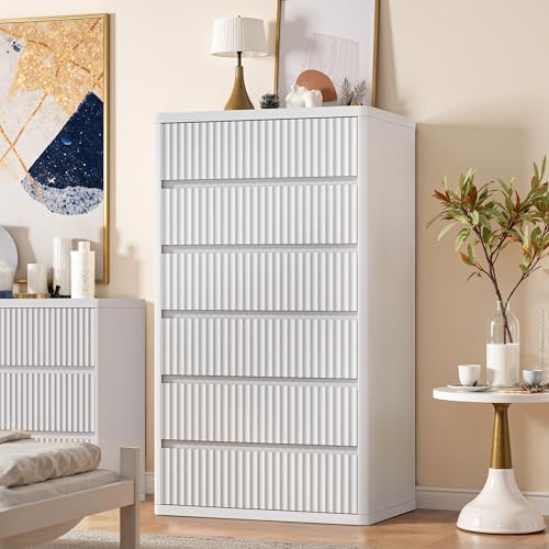Standifurno 56" Tall Dresser for Bedroom, White Fluted Dresser with 6 Deep Drawers, Modern Chest of Drawers with Curved Profile, Handleless, Wooden Drawer Organizer for Living Room, Hallway, Closet - Image 5