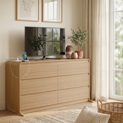 Gyfimoie 6 Drawers Dresser for Bedroom, 55" Wide Dressers & Chest of Drawers w/Curved Profile Design, Charging Station, Wood Mid Century Storage Dressers Organizer for Bedroom, Natural Oak - Image 2