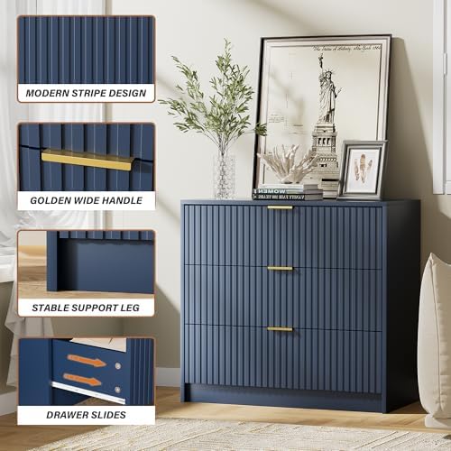 Furniway Navy Blue Dresser for Bedroom, Modern Dresser with 3 Drawers and Smooth Slides, Wide Chest of Drawers with Golden Handles for Bedroom, Living Room, Closet, 15.7" D x 31.5" W x 29.6" H - Image 3