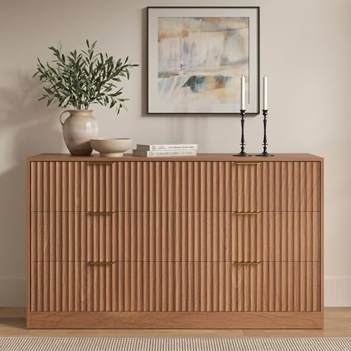 6 Drawer Dresser for Bedroom, 55" Wide Fluted Chest of Drawers by RESOM