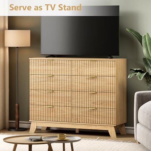 Wodeer 8 Drawer Fluted Dresser for Bedroom, Mid Century Modern Wooden Dresser with 8 Drawers, Dressers & Chests of Drawers with Metal Handle, TV Stand & Storage Organizer for Entryway, Hallway, Oak - Image 3