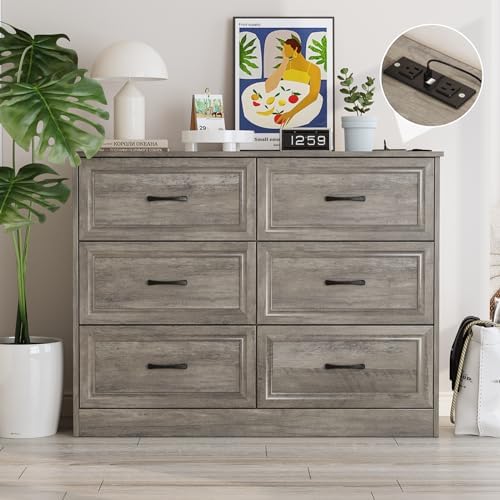 Fameill Dresser for Bedroom, 6 Drawer Wide Dresser Organizer with Charging Station, Tall Dresser for Hallway, Wood Dresser with Metal Handles, Ash Grey by Fameill