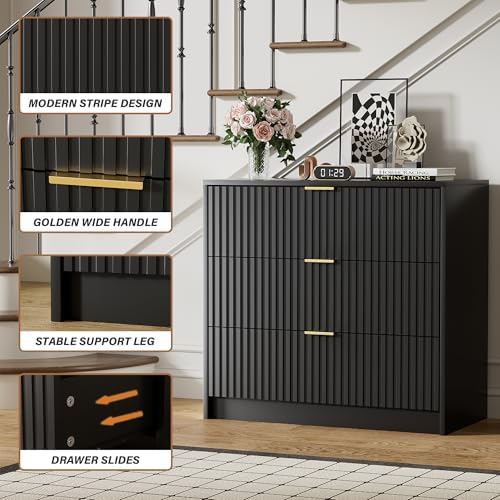 Furniway Black Dresser for Bedroom, Modern Dresser with 3 Drawers and Smooth Slides, Wide Chest of Drawers with Golden Handles for Bedroom, Living Room, Closet, 15.7" D x 31.5" W x 29.6" H - Image 3