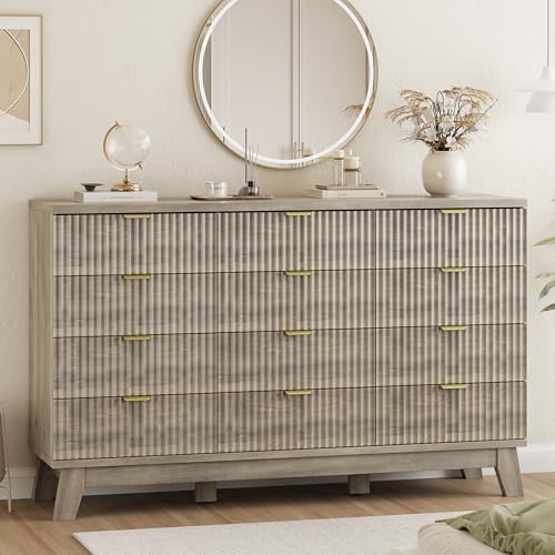 Xixini Fluted Dresser for Bedroom with 12 Drawers, 57" Wide Modern Chest of Drawers with Metal Handle, Wooden Dresser TV Stand, Wood Closet Clothes Storage Organizer for Living Room, Hallway, Grey by Xixini